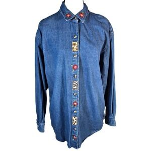 Vtg 90s Basic Editions M Embroidered Animal Print Denim Shirt Jean Button up Top